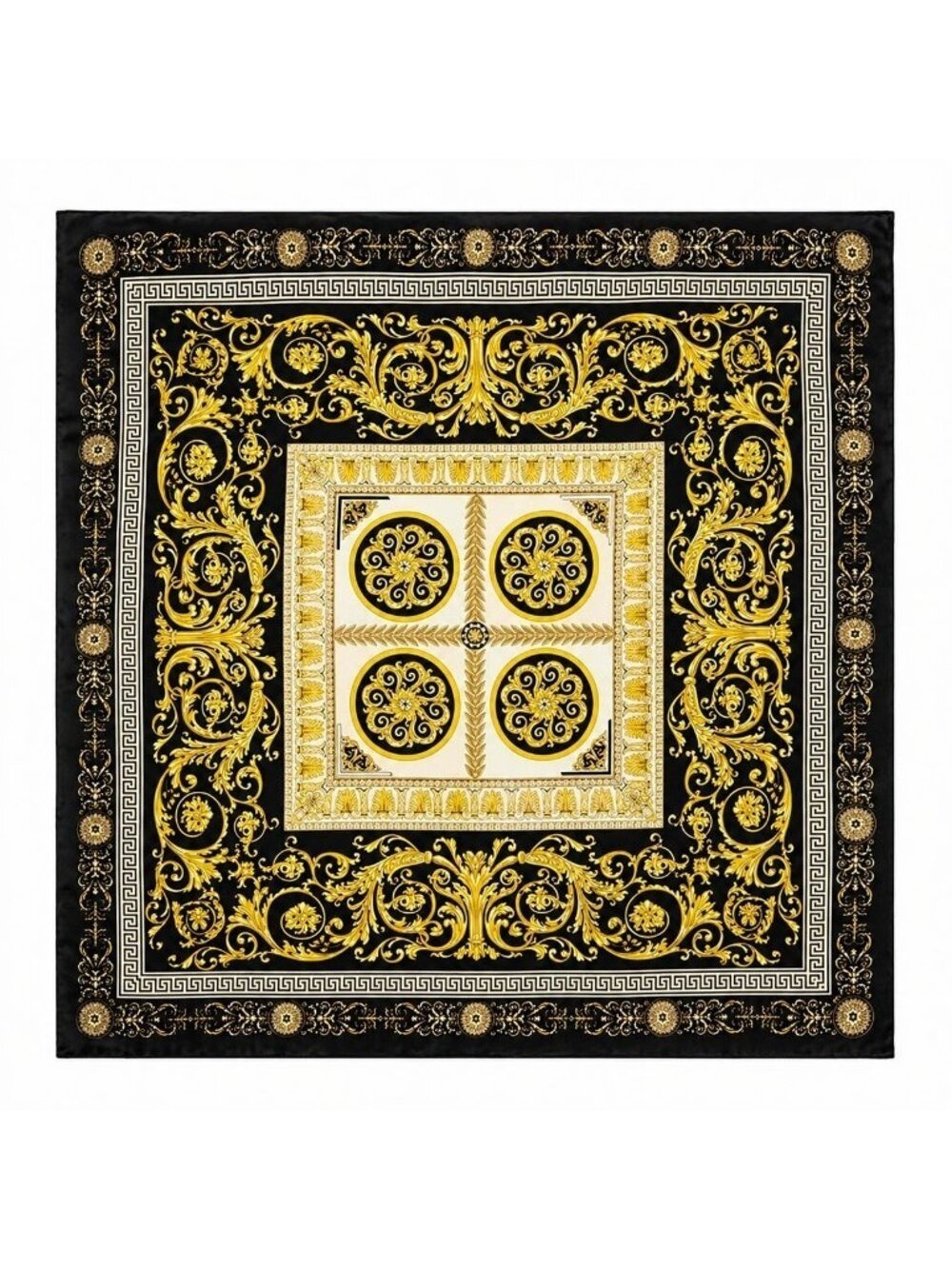 Luxury Gold Baroque Satin Square Scarf for Women – Black & Gold Ornate Chain